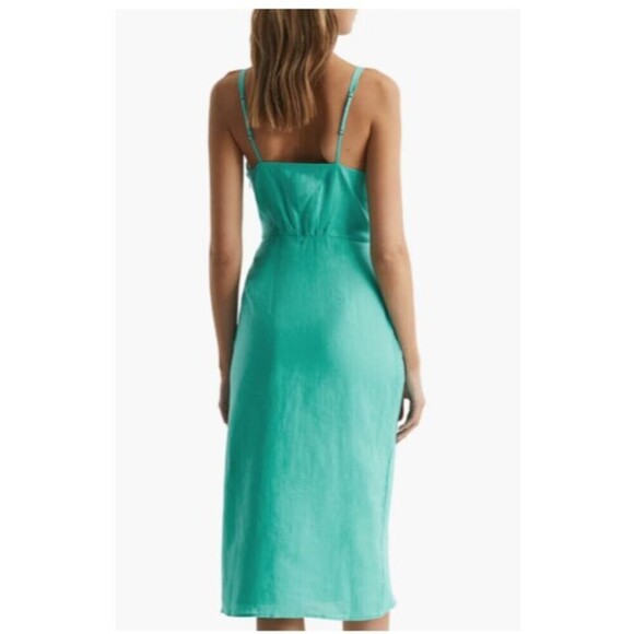 Reiss Esme Dress Size 2 Aqua Green Faux Wrap Linen Chain Strap Surplice Bodice - Picture 4 of 13